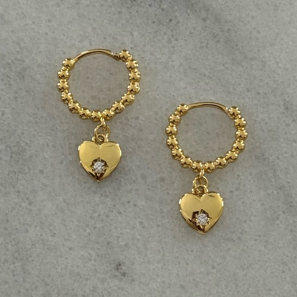 Modest Lu Jewelry - Gold Beaded Heart Star Burst Crystal Charm Pendant Huggie Hoop Earrings